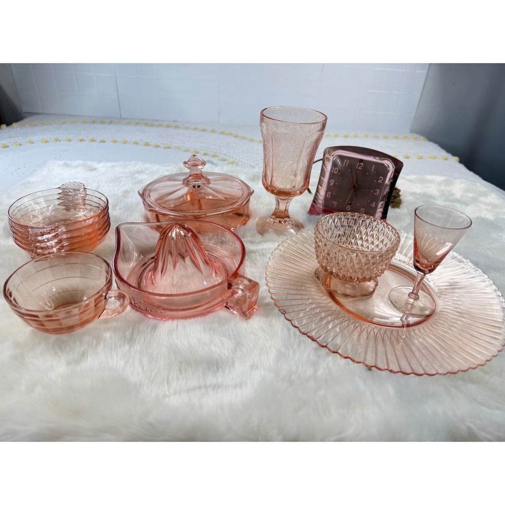 Vintage Pink Depression Glass Set Gilbert Clock Sunkist Juicer Candy Dish 13 pc - Picture 5 of 16